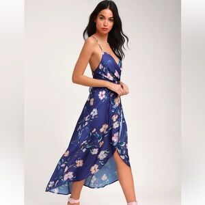 Wylden Royal Blue Floral Print Lace-Up High-Low Dress
